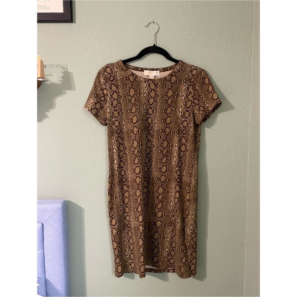 New Michael Kors Snake Print T-Shirt Dress Olive Green Animal Print Shift Size M